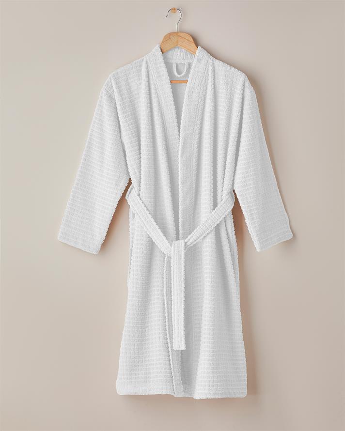 Chequer Pamuk Bornoz Beyaz