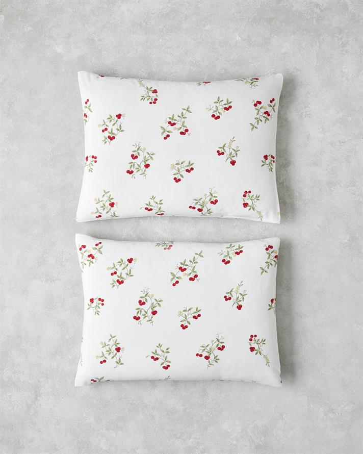 Cherry Blossom Kolay Ütülenir 2li Yastık Kılıfı 50x70 cm Beyaz - Kırmızı