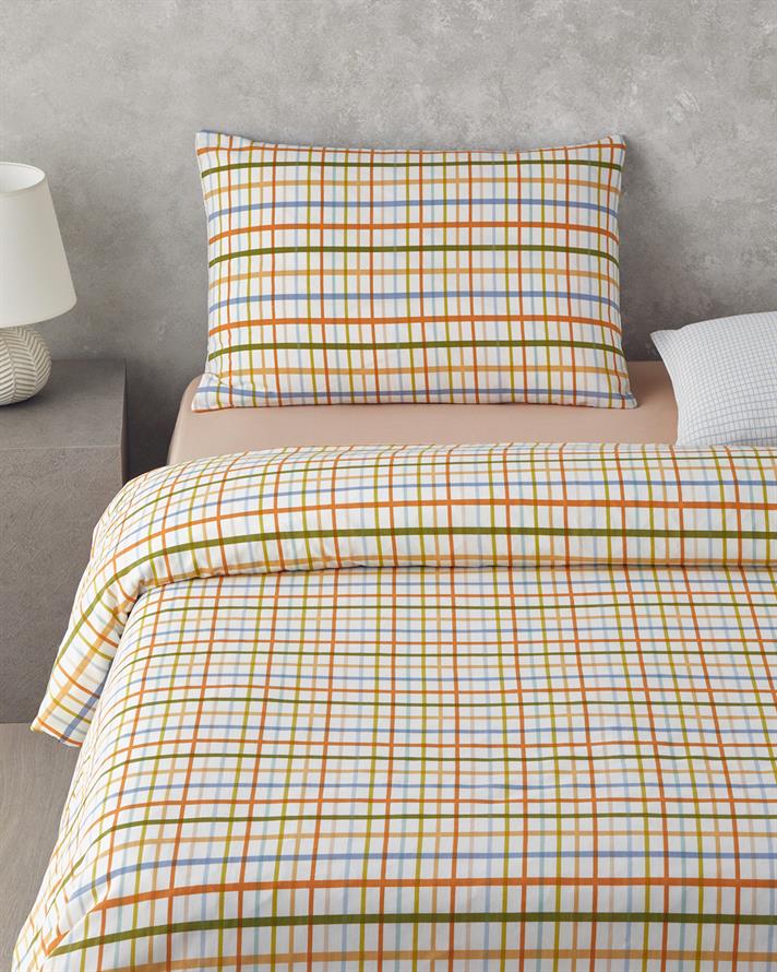 Color Grid Kolay Ütülenir Çift Kişilik Çarşaflı Nevresim Takımı 200x220 cm Turuncu-yeşil