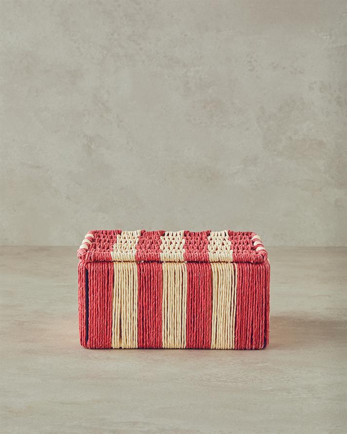 Colorful Striped Kağıt İp Dekoratif Kutu 18x18x8cm Kırmızı