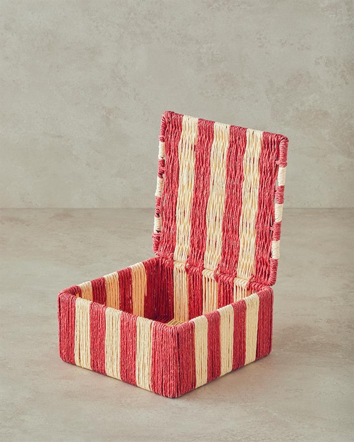 Colorful Striped Kağıt İp Dekoratif Kutu 18x18x8cm Kırmızı