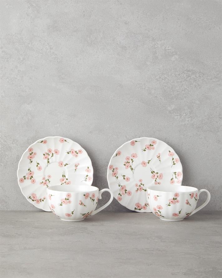 Cordelia New Bone China 4 Parça 2 Kişilik Çay Fincanı Takımı 220 ml Beyaz - Pembe