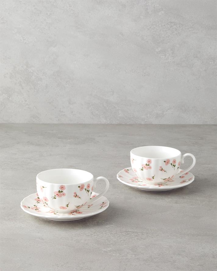 Cordelia New Bone China 4 Parça 2 Kişilik Çay Fincanı Takımı 220 ml Beyaz - Pembe