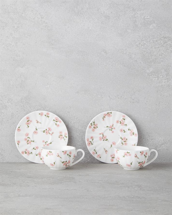 Cordelia New Bone China 4 Parça 2 Kişilik Kahve Fincan Takımı 90 ml Beyaz - Pembe