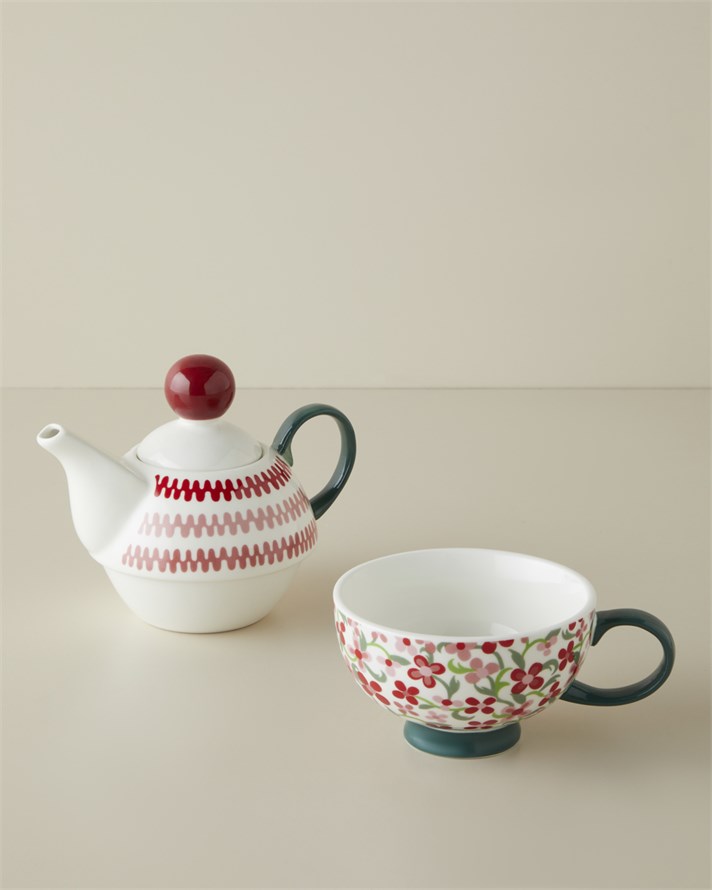 Country Bloom New Bone China Demlik Seti 380 – 260 ml Bordo-Yeşil