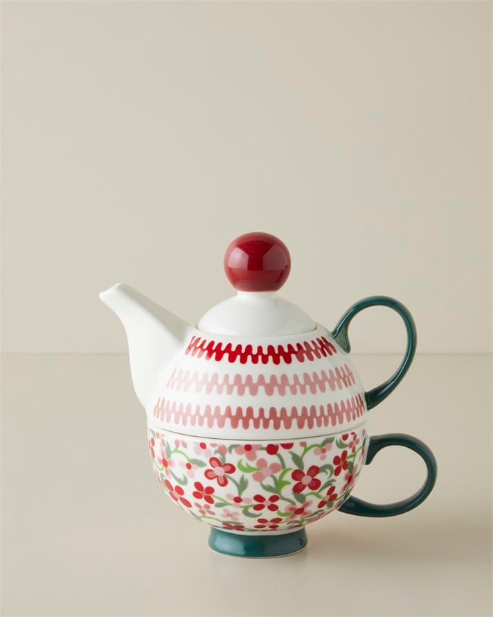 Country Bloom New Bone China Demlik Seti 380 – 260 ml Bordo-Yeşil