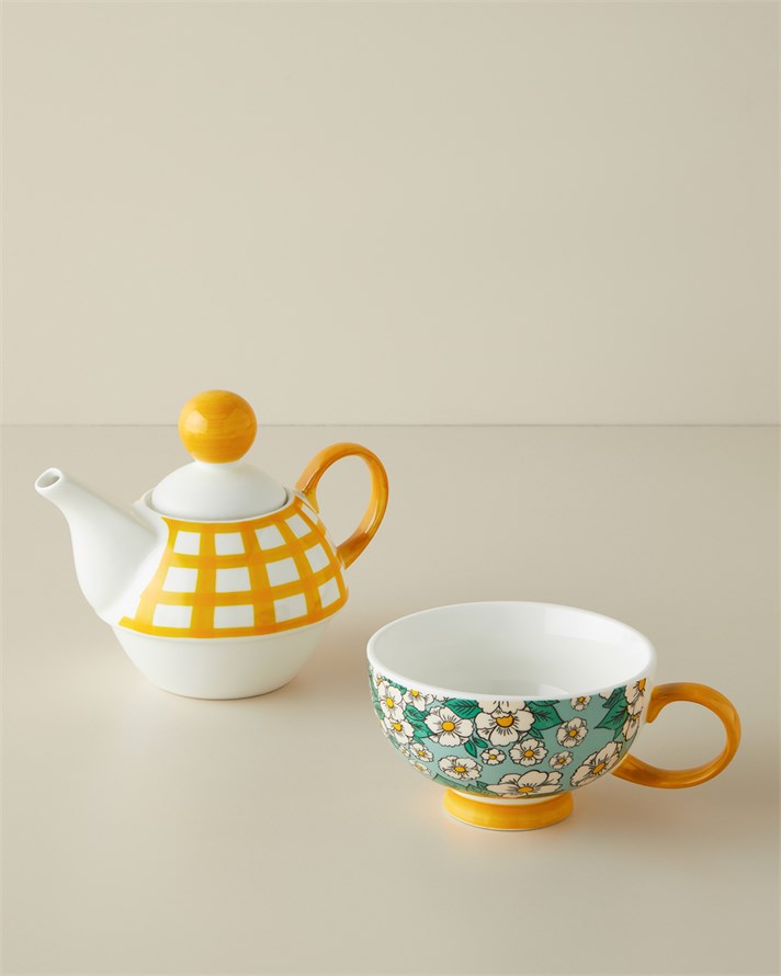 Country Whisper New Bone China Demlik Seti 380 – 260 ml Yeşil-Sarı
