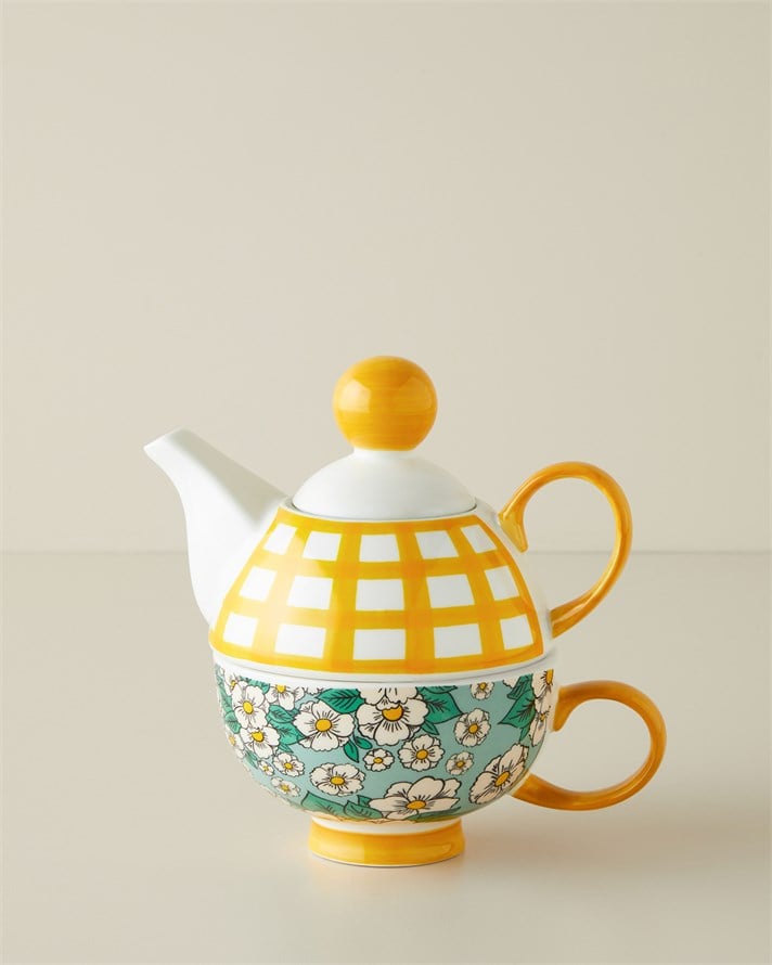 Country Whisper New Bone China Demlik Seti 380 – 260 ml Yeşil-Sarı