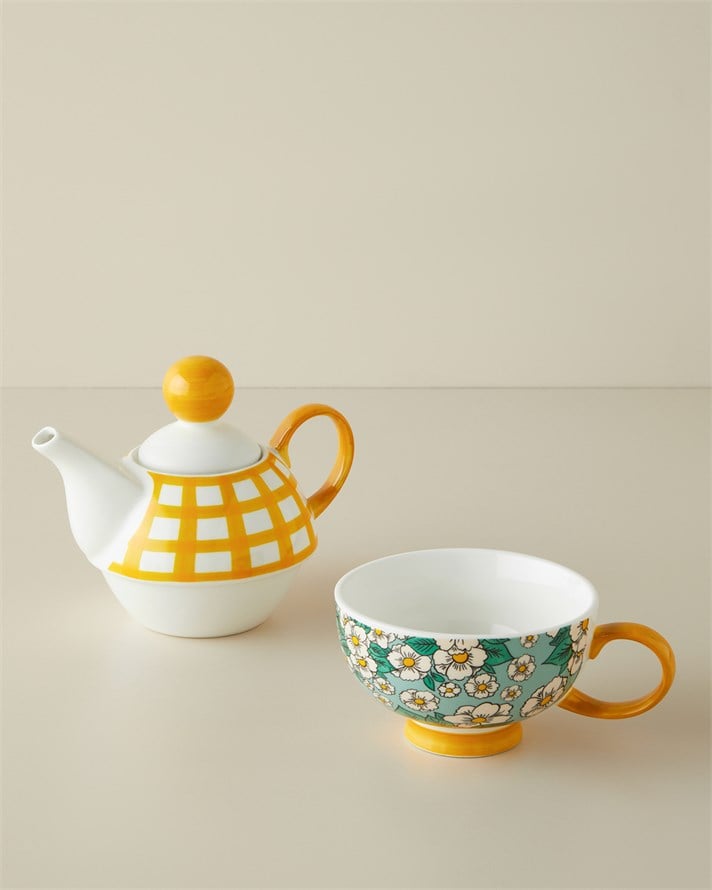 Country Whisper New Bone China Demlik Seti 380 – 260 ml Yeşil-Sarı