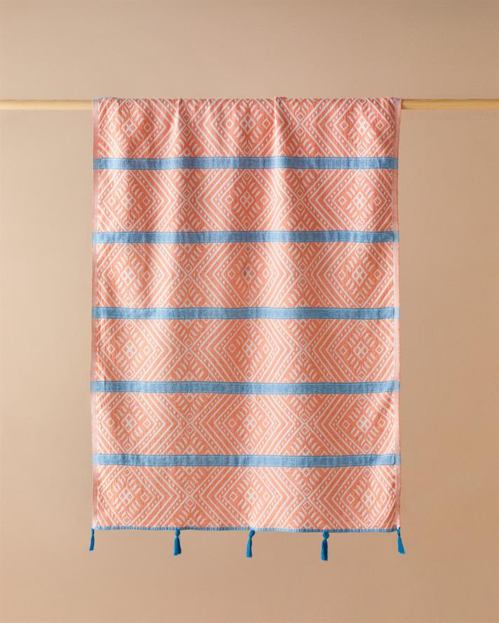 Crispy Pamuklu Püsküllü Peştemal 90x150 cm Turuncu-Mavi