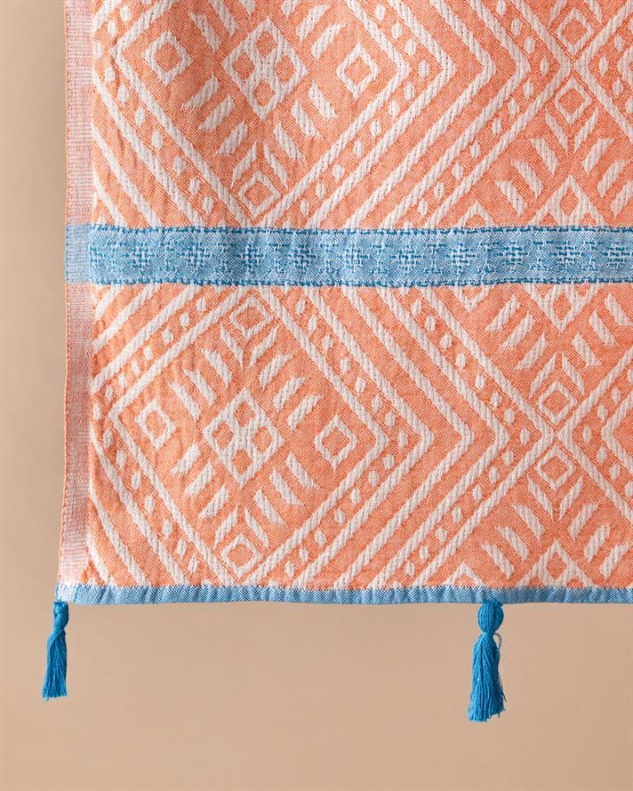 Crispy Pamuklu Püsküllü Peştemal 90x150 cm Turuncu-Mavi