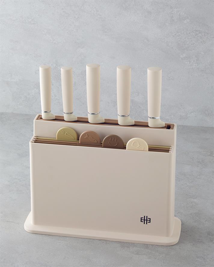 Cut Master , Paslanmaz Çelik 10 parça Kesme Tahtası Bıçak Seti 32x10x23 cm Krem