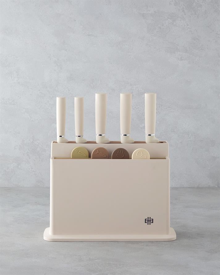 Cut Master , Paslanmaz Çelik 10 parça Kesme Tahtası Bıçak Seti 32x10x23 cm Krem