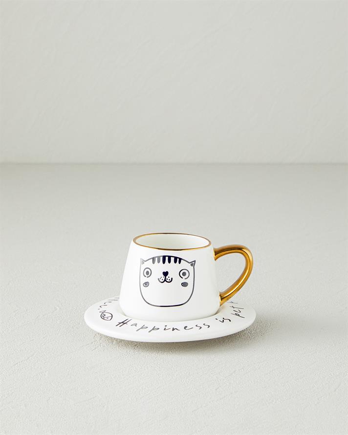 Cute Cat New Bone China 2 Parça 1 Kişilik Kahve Fincan Takımı 90 ml Siyah-Gold