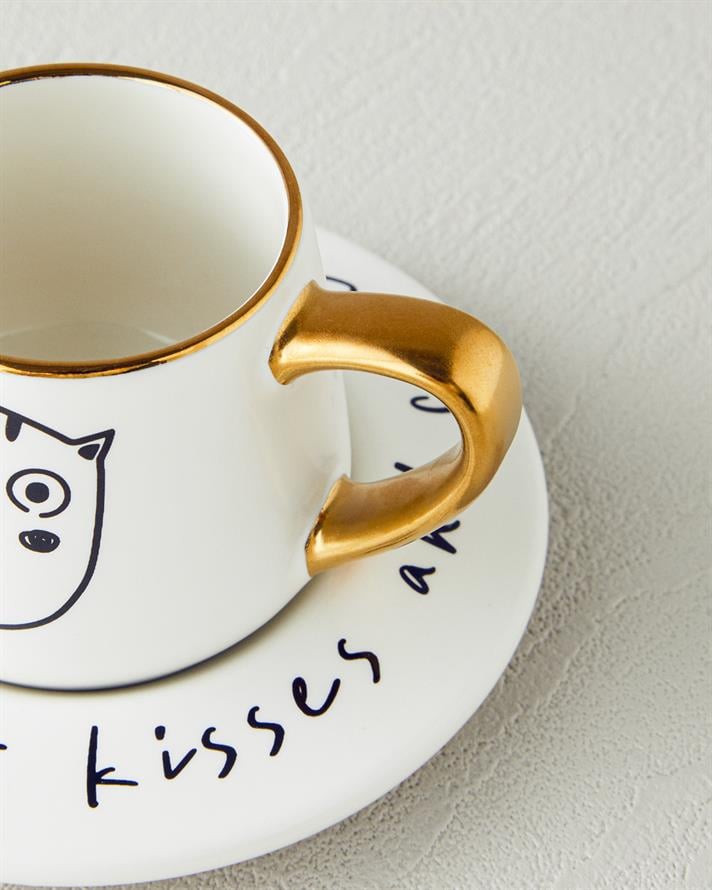 Cute Cat New Bone China 2 Parça 1 Kişilik Kahve Fincan Takımı 90 ml Siyah-Gold