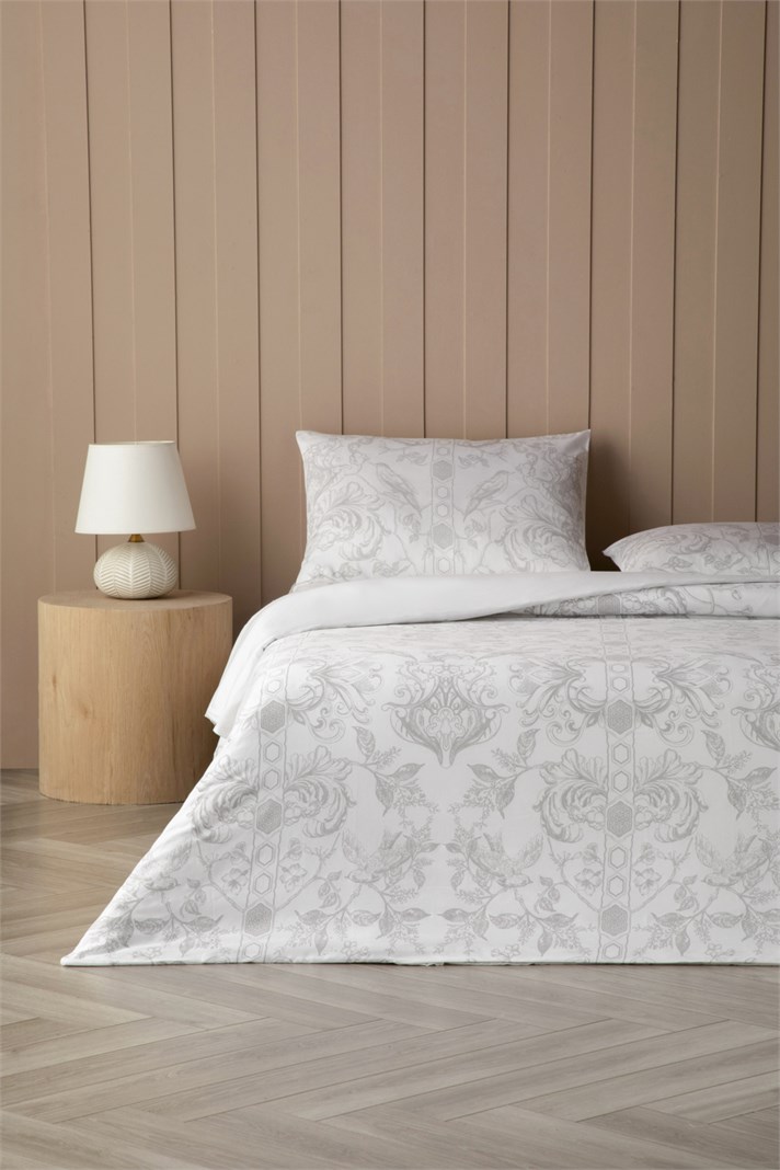 Dainty Bird Pamuk Saten Çift Kişilik Çarşaflı Nevresim Takımı 200x220 cm Gri