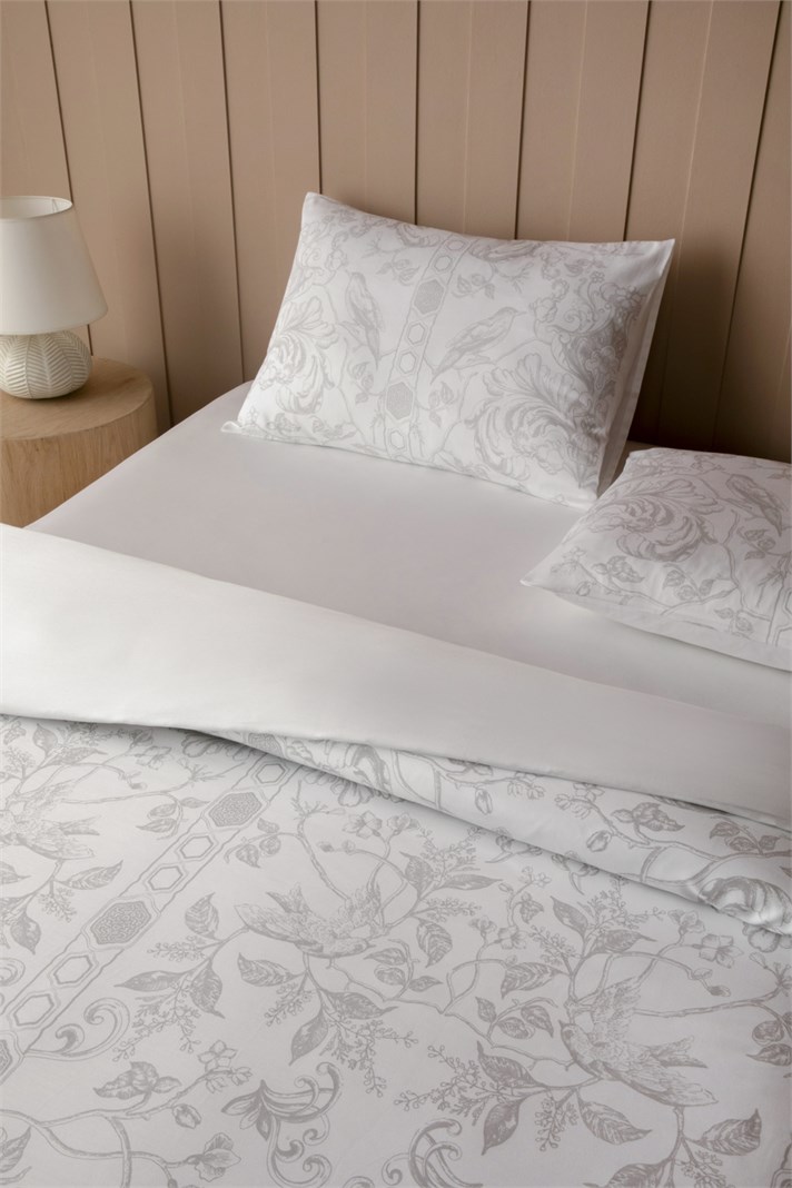 Dainty Bird Pamuk Saten King Size Çarşaflı Nevresim Takımı 240x220 cm Gri