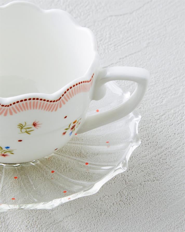 Daisy Days New Bone China 4 Parça 2 Kişilik Cam Tabaklı Kahve Fincan Takımı 80 ml Pembe - Yeşil