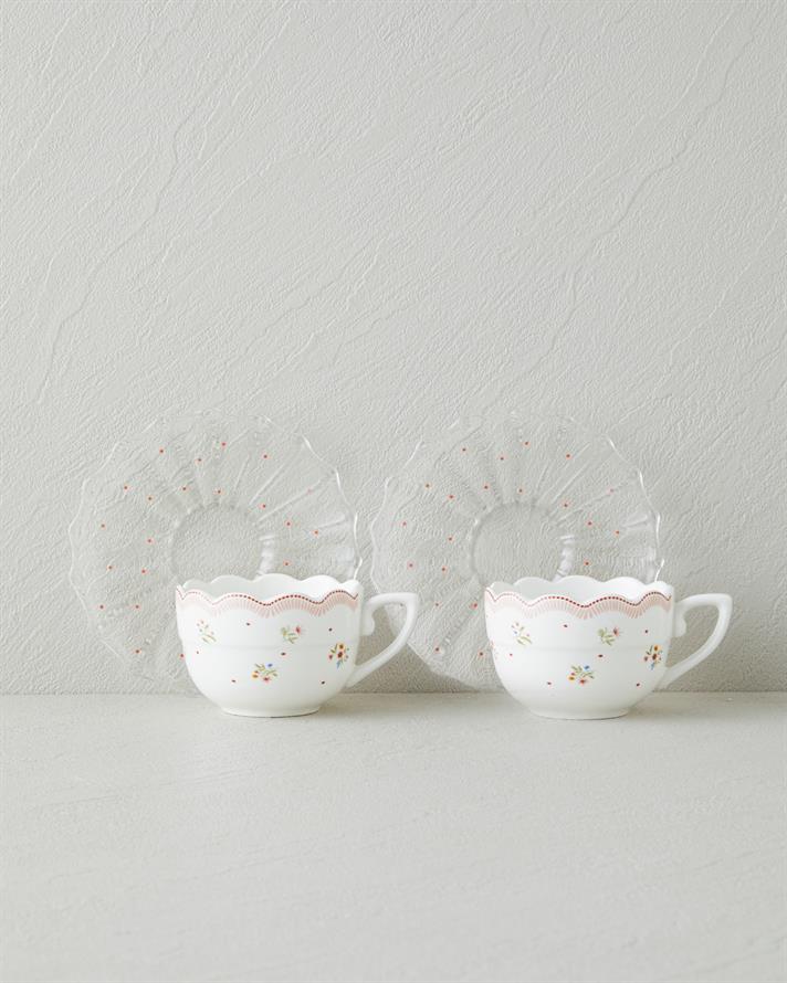 Daisy Days New Bone China 4 Parça 2 Kişilik Cam Tabaklı Kahve Fincan Takımı 80 ml Pembe - Yeşil