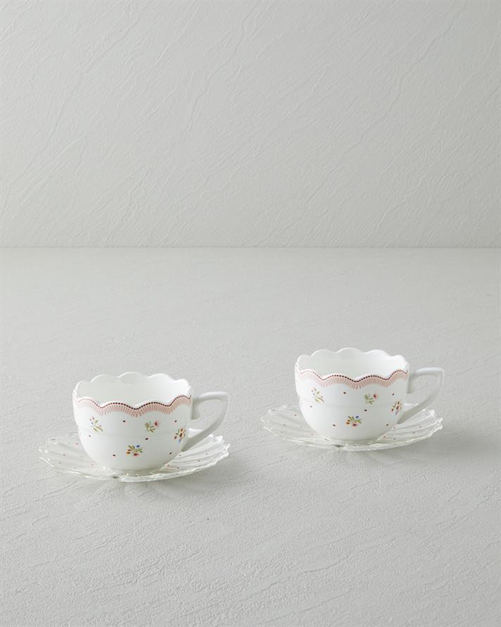 Daisy Days New Bone China 4 Parça 2 Kişilik Cam Tabaklı Kahve Fincan Takımı 80 ml Pembe - Yeşil