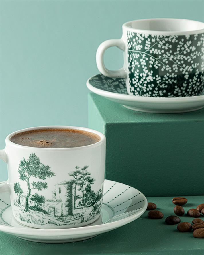 Dear Porselen 4 Parça 2 Kişilik Kahve Fincan Takımı Koyu Yeşil