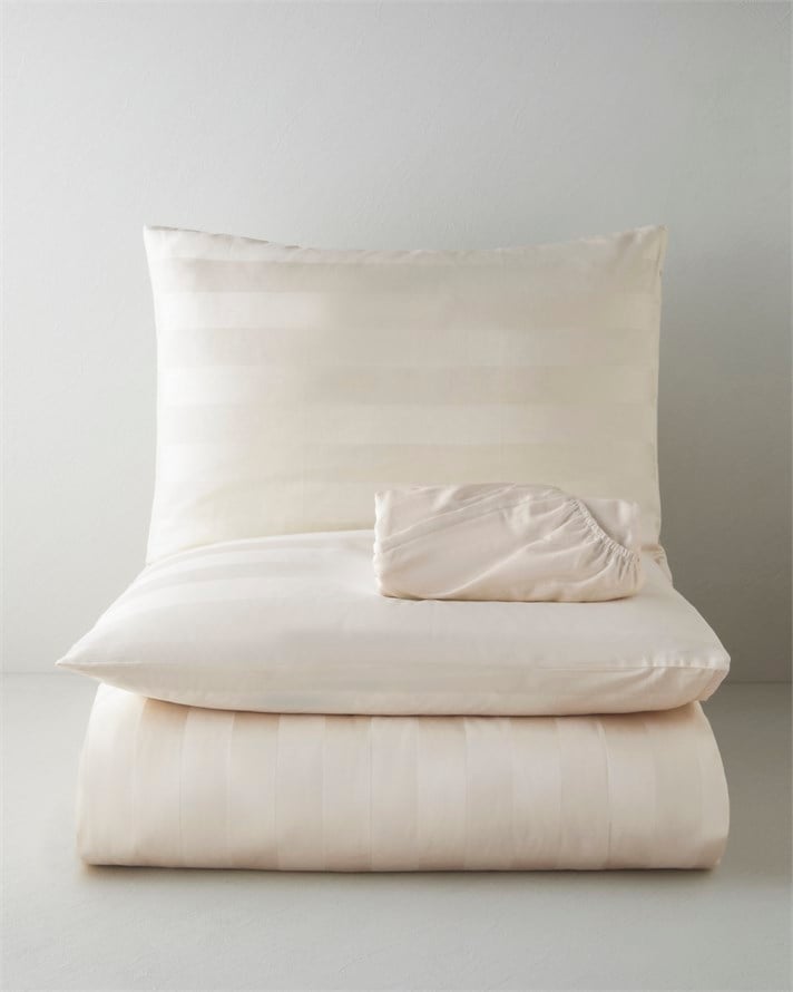 Deluxe Çizgili Pamuk Saten Çift Kişilik Çarşaflı Nevresim Takımı 200x220 cm Fildişi
