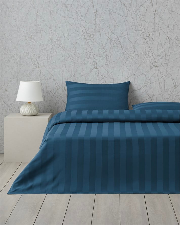 Deluxe Çizgili Pamuk Saten Çift Kişilik Çarşaflı Nevresim Takımı 200x220 cm Lacivert