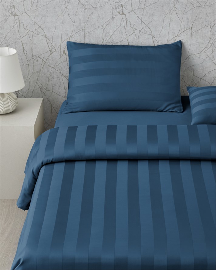 Deluxe Çizgili Pamuk Saten Çift Kişilik Çarşaflı Nevresim Takımı 200x220 cm Lacivert