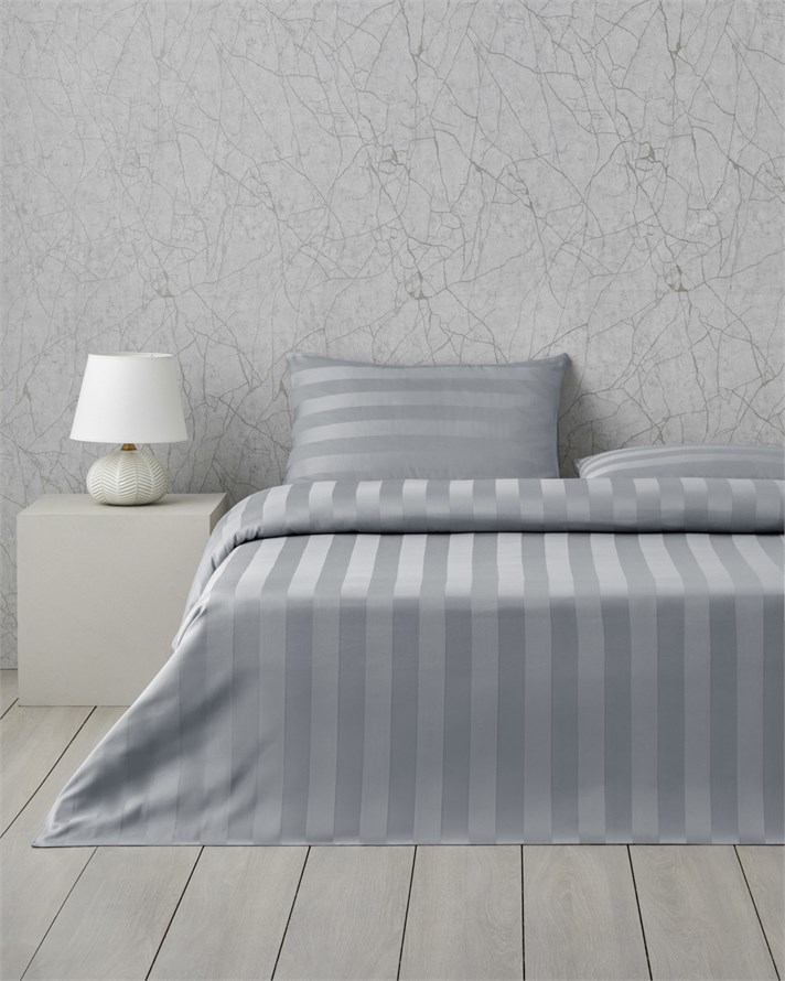 Deluxe Çizgili Pamuk Saten Çift Kişilik Çarşaflı Nevresim Takımı 200x220 cm Gri