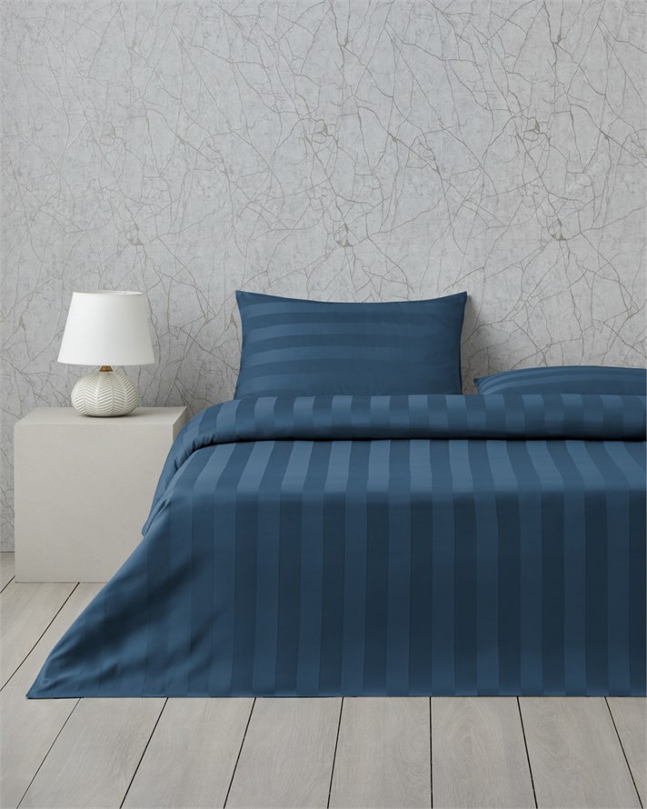 Deluxe Çizgili Pamuk Saten King Size Çarşaflı Nevresim Takımı 240x220 cm Lacivert