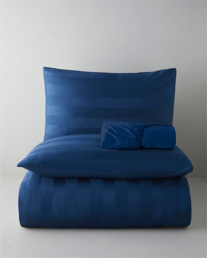 Deluxe Çizgili Pamuk Saten King Size Çarşaflı Nevresim Takımı 240x220 cm Lacivert