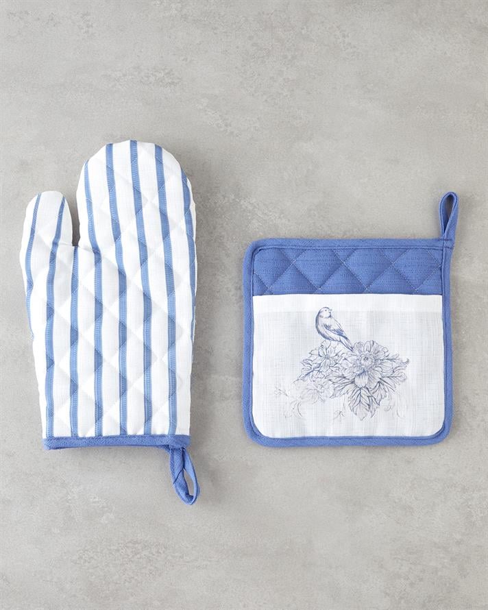 Edenic Fırın Eldiveni ve Tutacak Seti 17x30 cm+20x20 cm Beyaz - Lacivert