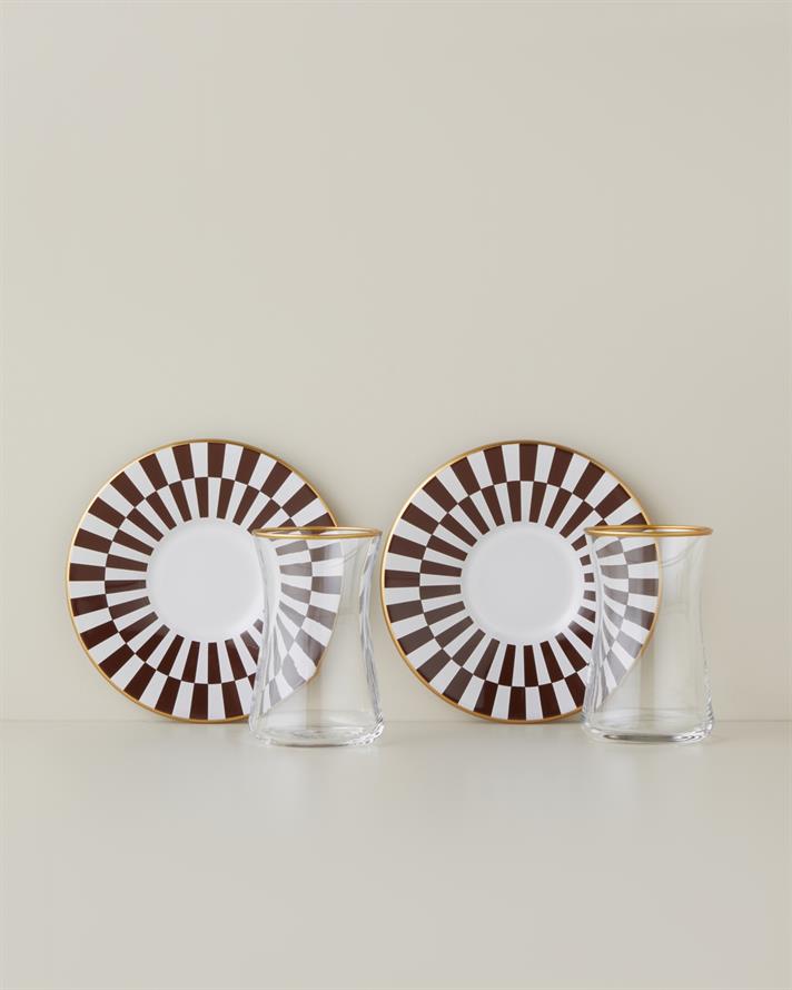 Emberly Cam 4 Parça 2 Kişilik Çay Seti 165 ml Kahverengi-Gold