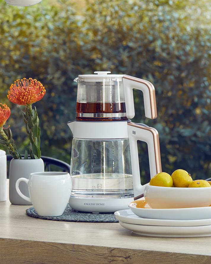 English Home CMK 6001 Cam Çay Makinesi ve Kettle Beyaz-Bakır