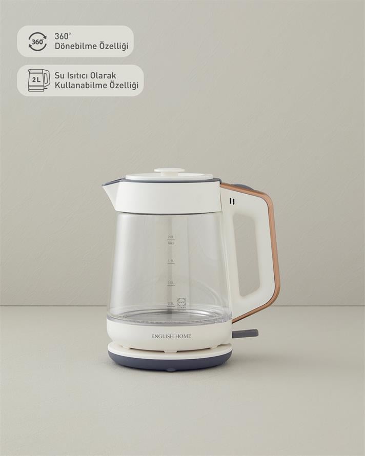 English Home CMK 6001 Cam Çay Makinesi ve Kettle Beyaz-Bakır
