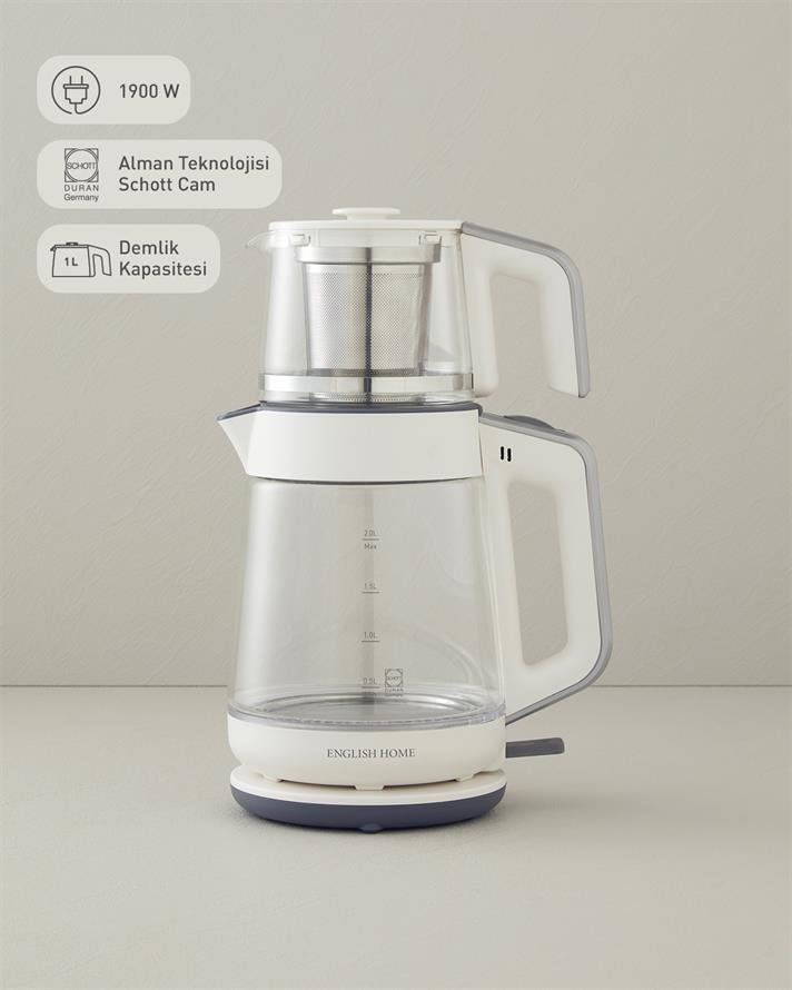 English Home CMK 6001 Cam Çay Makinesi ve Kettle Beyaz-Krom