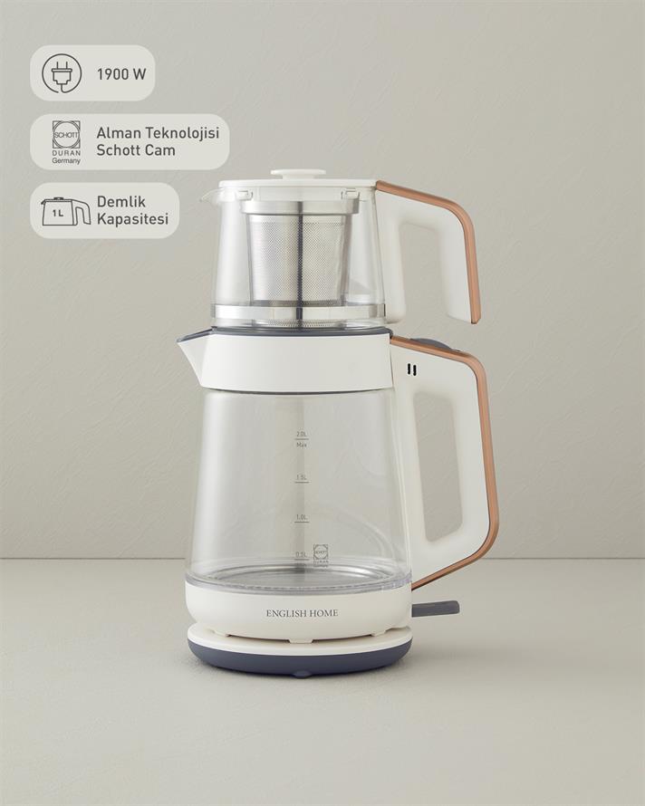 English Home CMK 6001 Cam Çay Makinesi ve Kettle Beyaz-Bakır