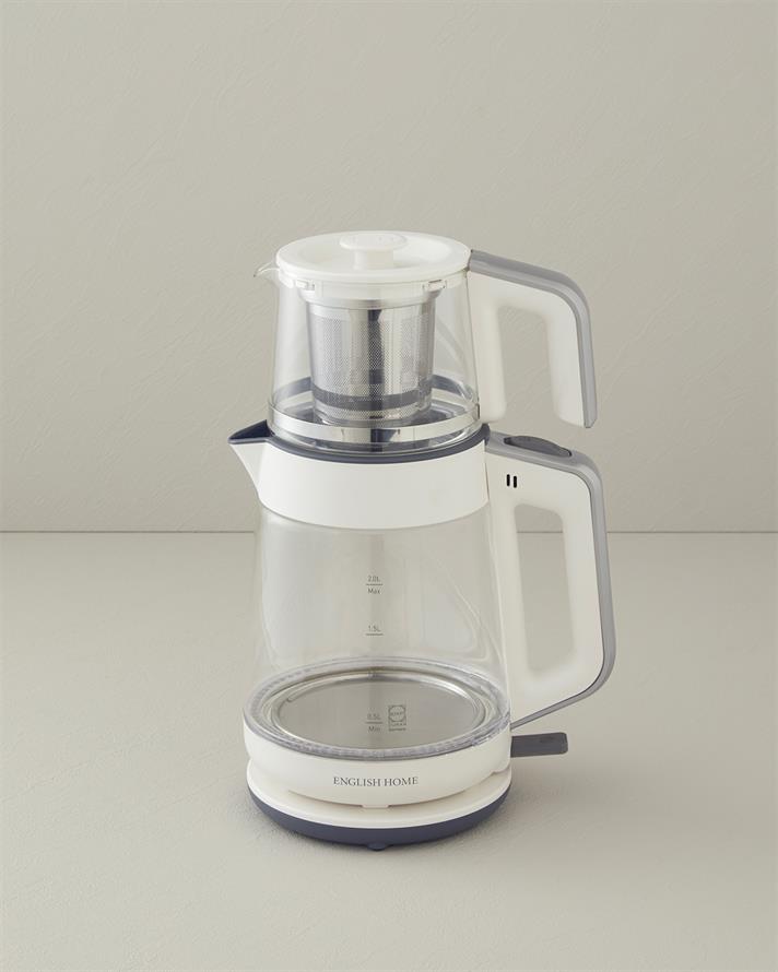 English Home CMK 6001 Cam Çay Makinesi ve Kettle Beyaz-Krom
