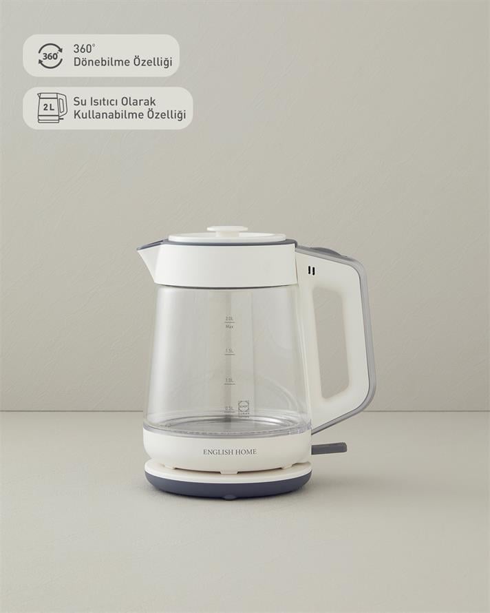 English Home CMK 6001 Cam Çay Makinesi ve Kettle Beyaz-Krom