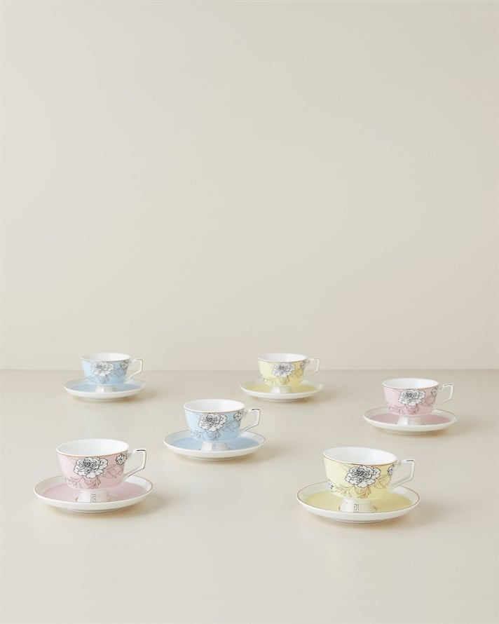 Evelina New Bone China 12 Parça 6 Kişilik Kahve Fincan Takımı 90 ml Açık Pembe-Sarı-Mavi