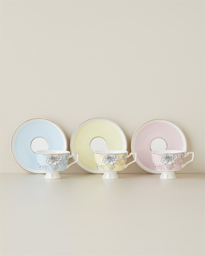 Evelina New Bone China 12 Parça 6 Kişilik Kahve Fincan Takımı 90 ml Açık Pembe-Sarı-Mavi
