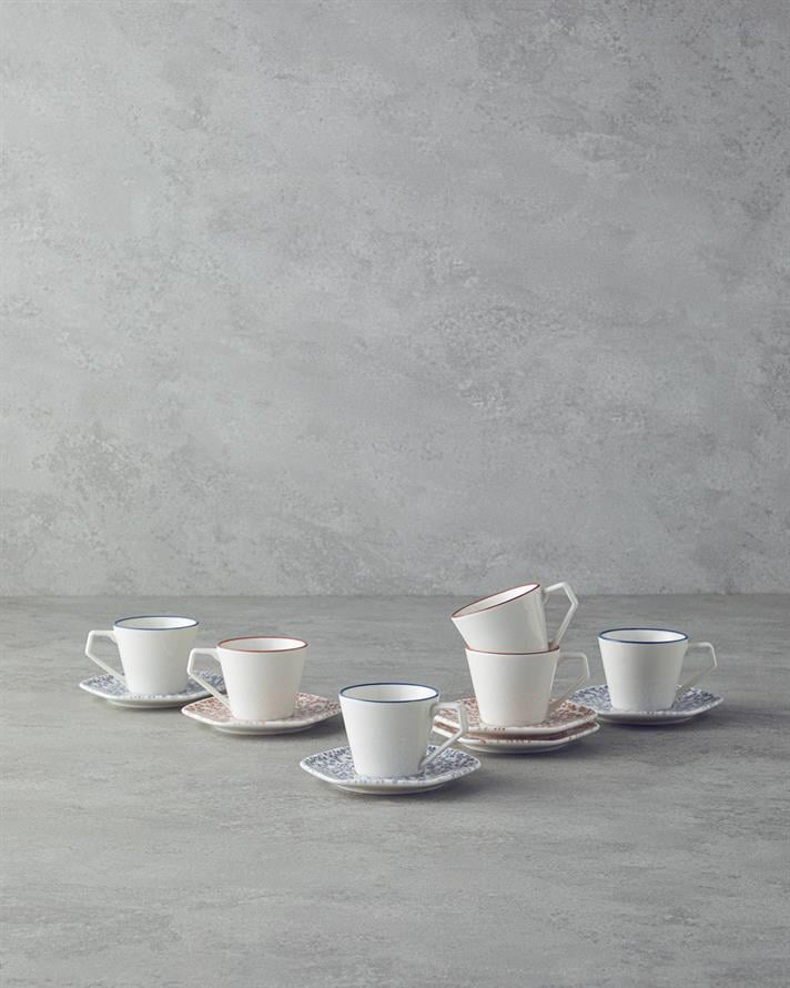 Evie Bone Porselen 12 Parça 6 Kişilik Kahve Fincan Takımı Turuncu-Mavi