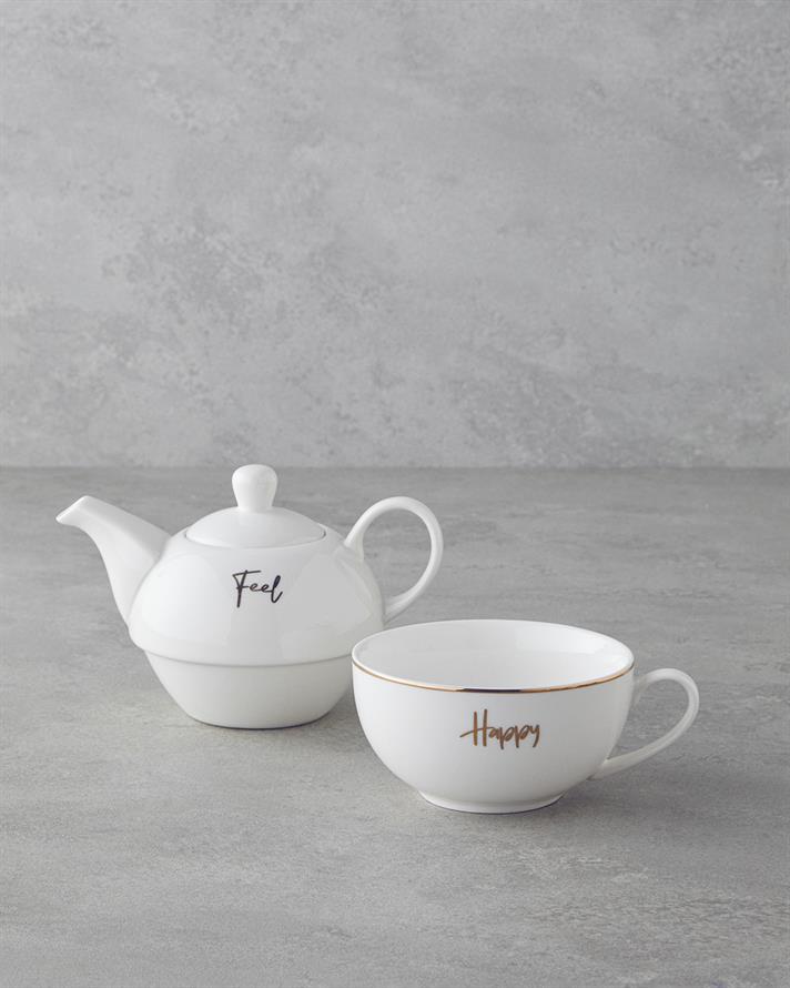 Feel Happy New Bone China Demlik Seti 400 ml Beyaz