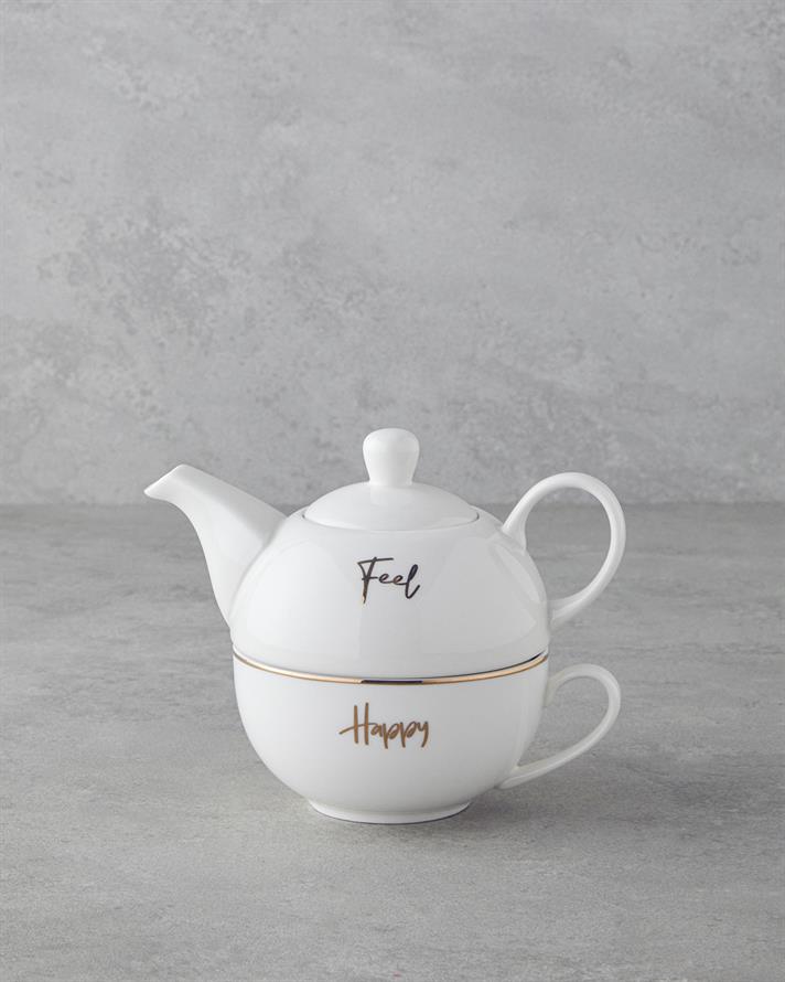 Feel Happy New Bone China Demlik Seti 400 ml Beyaz