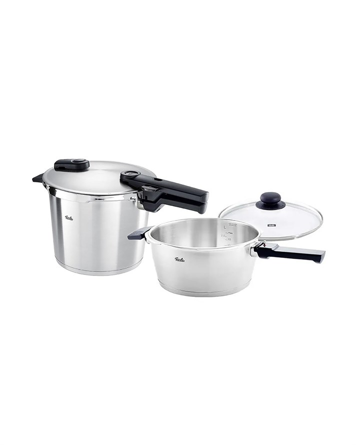 Fissler Vitaquick Premium Ek Cam Kapak + Buharda Pişirme Aparatlı Düdüklü Tencere Seti 6 + 3,5 L