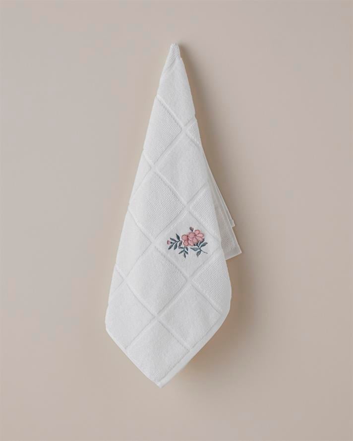 Floral Check Pamuk Yüz Havlusu 50x80 cm Beyaz