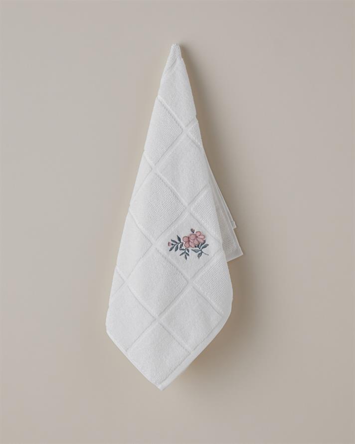 Floral Check Pamuk Yüz Havlusu 50x80 cm Beyaz