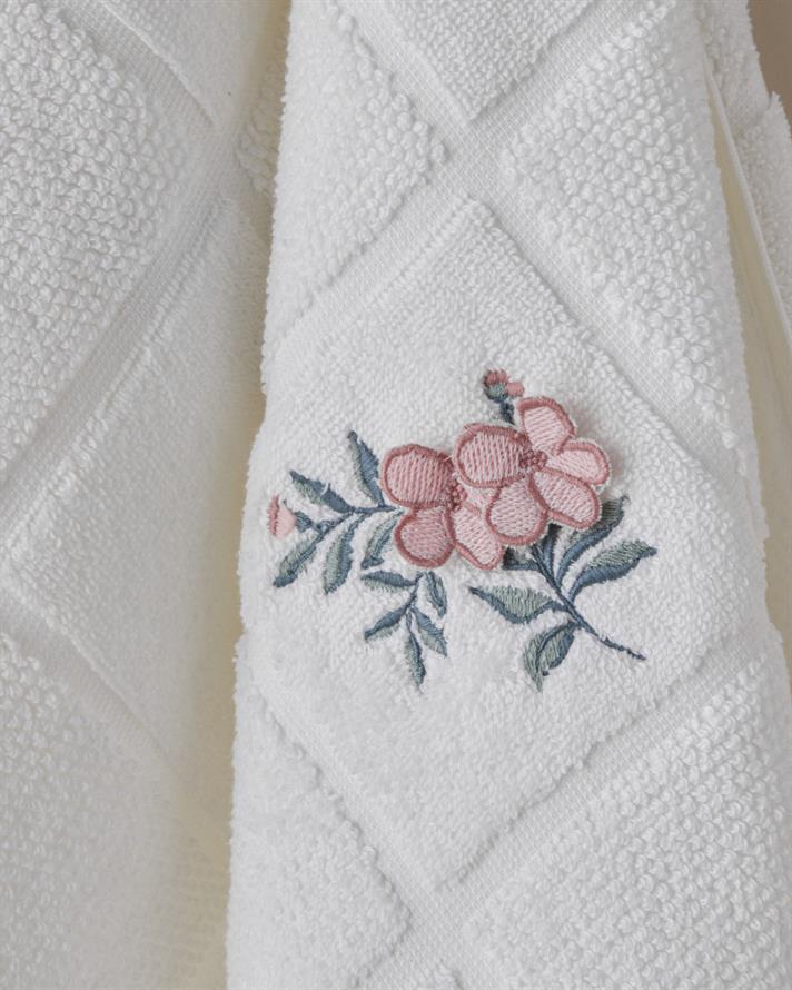 Floral Check Pamuk Yüz Havlusu 50x80 cm Beyaz