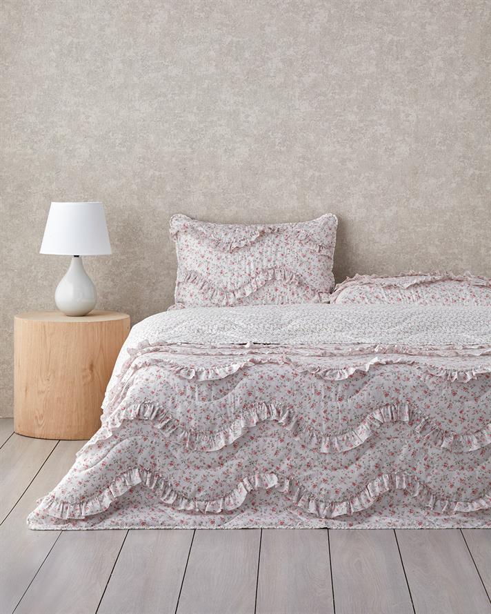 Floral Euphoria Fırfırlı Çift Kişilik Yatak Örtüsü Takımı 200x220 cm Pembe