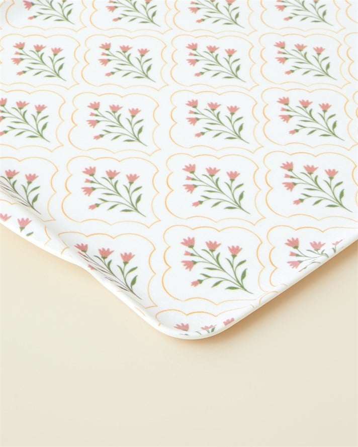 Floral Glow Melamin Kaydırmaz Tepsi 42x31 cm Pembe - Yeşil